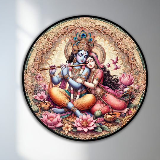 Glossy finish highlights the intricate details of this 'Eternal Devotion' round oil painting wall art, showcasing Radha and Krishna amidst a golden mandala.