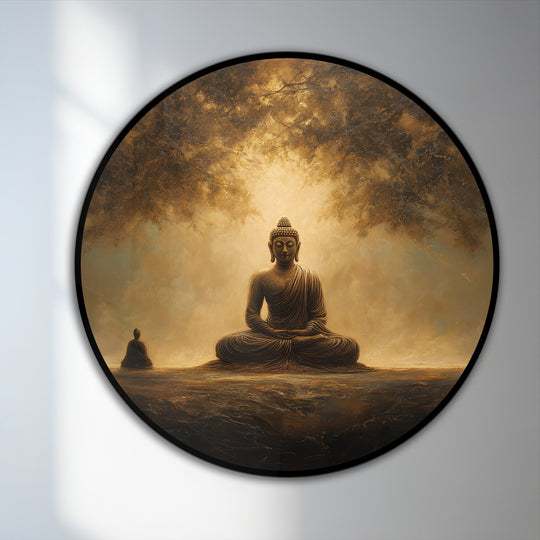 Foreground details in this oil painting wall art highlight the textured earth beneath the seated Buddha in round wall art.