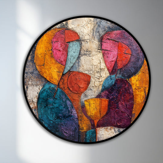 Illuminated by the brightest yellow and orange hues, this 'Whispers Over Wine' oil painting art piece showcases a round abstract design depicting two figures in rich, textured layers.