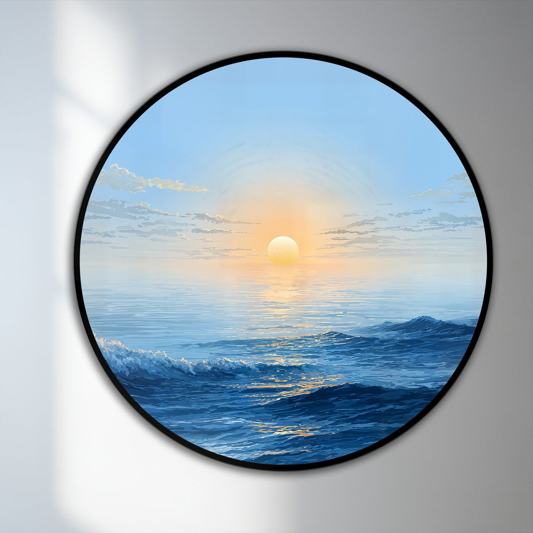 Abstract oil painting wall art showcases a serene golden sunrise reflected in stylized ocean waves, lending an ethereal, calming quality to the coastal seascape.