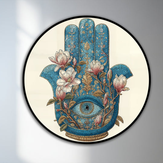 Delicate magnolia petals accentuate the mystical floral hamsa eye round oil painting wall art, its protective eye rendered in soft hues, creating a calming symbolic design.