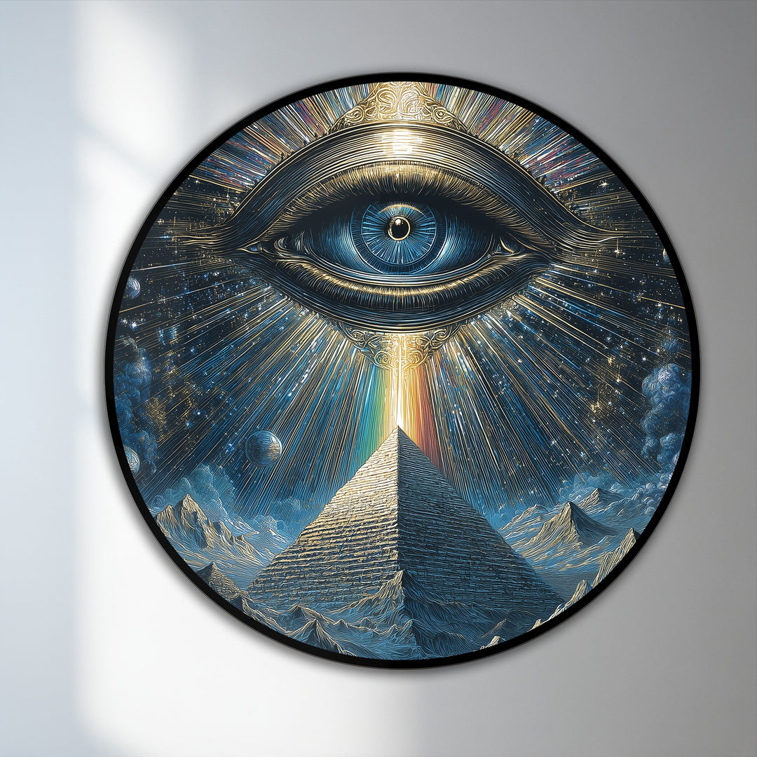 Swooping lines of light radiate from a divine eye and pyramid in this captivating celestial vision oil painting, giving the illusion of constant movement in your oil painting home decor.