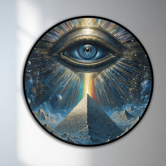Swooping lines of light radiate from a divine eye and pyramid in this captivating celestial vision oil painting, giving the illusion of constant movement in your oil painting home decor.