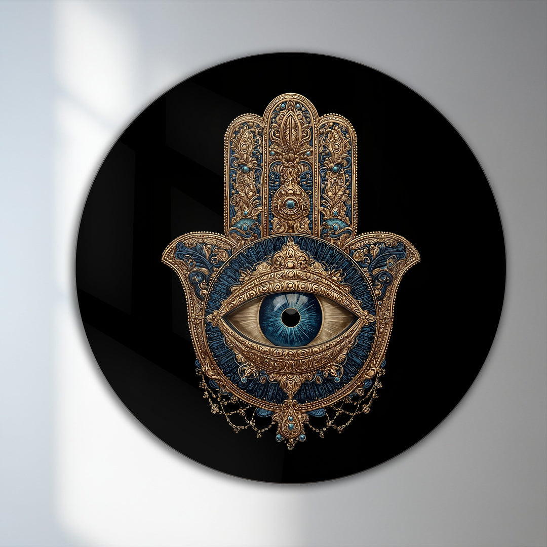 Dominant deep blue and gold hues define this mystic hamsa eye ornate protective symbol round oil painting reproduction print, set against a stark black backdrop.