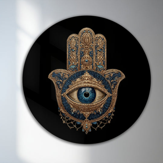 Dominant deep blue and gold hues define this mystic hamsa eye ornate protective symbol round oil painting reproduction print, set against a stark black backdrop.