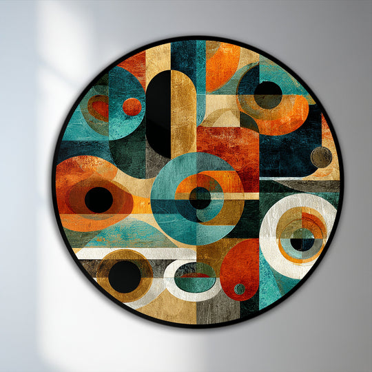 Warm hues interplay with cooler tones in this retro geometric circles abstract round oil painting, a striking oil painting home decor piece showing contrasting color temperature.