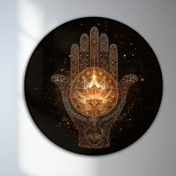 Black negative space surrounds a glowing golden Hamsa hand and lotus oil painting reproduction print, creating a striking contrast in this sacred illumination artwork.