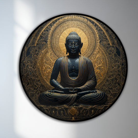 High color saturation enhances the golden accents and deep blacks of this serene Buddha oil painting decoration, creating a striking contrast in the artwork.
