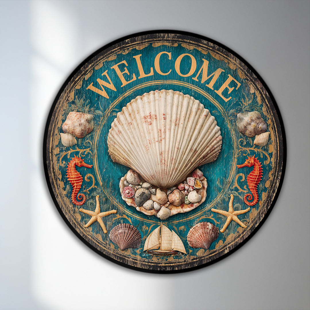 Featuring distinct color contrast, this round coastal welcome shell vintage oil painting wall art showcases a bright seashell motif against the deep turquoise background.