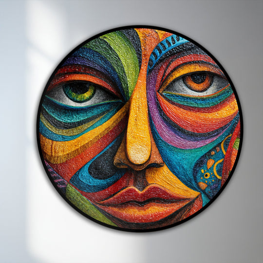 Showcasing the abstract quality, this round oil painting art prints presents a vibrant mosaic face in an expressionistic style with layers of colorful, bold strokes.