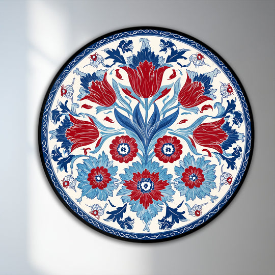 Organic forms intertwine in this round oil painting wall art featuring a vibrant Ottoman floral motif in bold reds and blues.