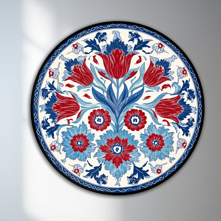 Organic forms intertwine in this round oil painting wall art featuring a vibrant Ottoman floral motif in bold reds and blues.