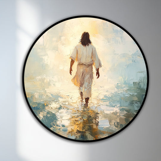 Contained within a sleek black circle, the serene faith journey oil painting decoration showcases geometric applications of light, drawing the eye to its focal point.