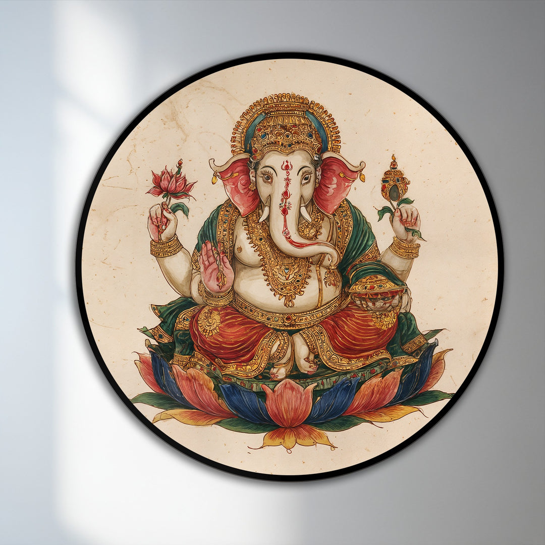 Framed by a sleek black border, this round sacred Ganesha lotus oil painting offers a visually striking piece of oil painting home decor.