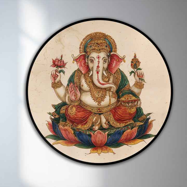 Framed by a sleek black border, this round sacred Ganesha lotus oil painting offers a visually striking piece of oil painting home decor.