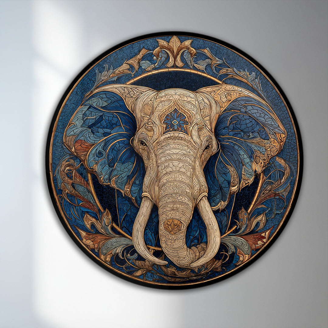 Swirling patterns animate the ornamental elephant in this round oil painting decoration, lending a dynamic, majestic flow to the artwork.