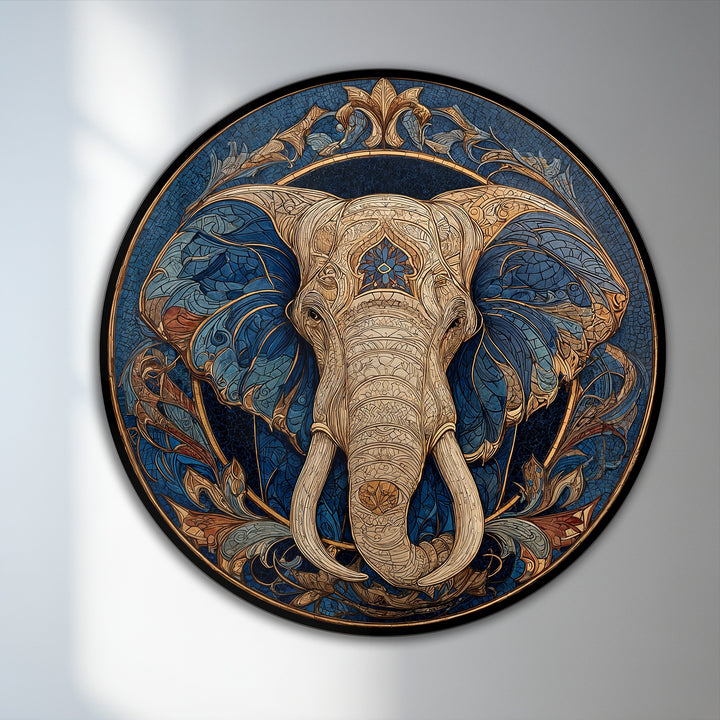 Swirling patterns animate the ornamental elephant in this round oil painting decoration, lending a dynamic, majestic flow to the artwork.