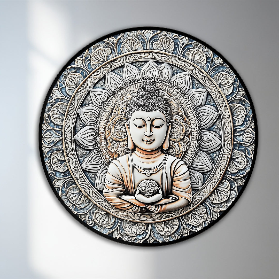 Meditating Buddha, the central subject, is the elegant oil painting decoration in this Sacred Harmony Mandala Buddha round oil painting.