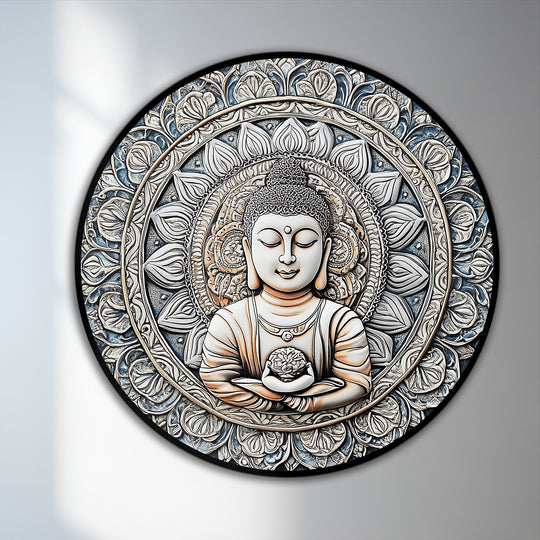 Meditating Buddha, the central subject, is the elegant oil painting decoration in this Sacred Harmony Mandala Buddha round oil painting.