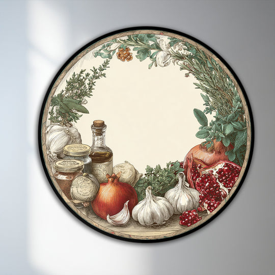 Inviting mood captured in a rustic kitchen harvest Mediterranean still life round oil painting decoration, showcasing vibrant pomegranates, garlic, and herbs.