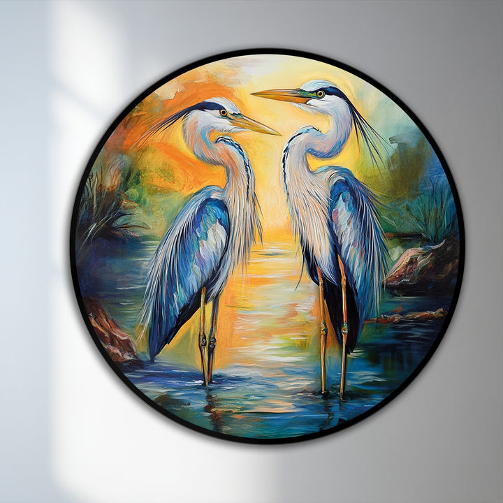 Detailed brushstrokes create a textured finish in this oil painting reproduction print of graceful herons at sunset, showcasing reflections in the water.