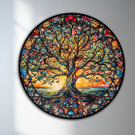 Showcasing the layering effect, this round tree of life oil painting decoration reveals an intricate composition of stained glass inspired designs.