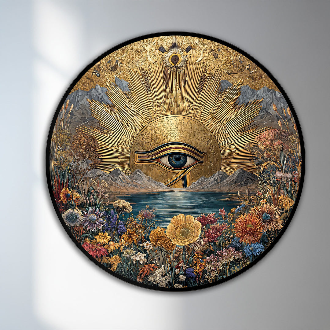 Alternating sun rays and mountain peaks create a strong visual rhythm in this modern oil painting art of a golden eye landscape round wooden wall art.