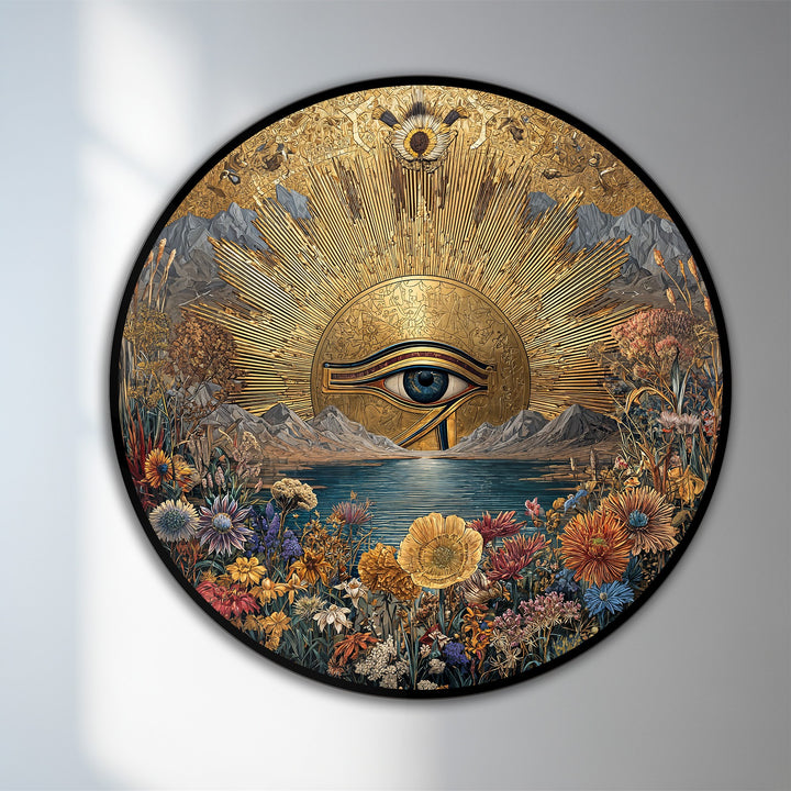 Alternating sun rays and mountain peaks create a strong visual rhythm in this modern oil painting art of a golden eye landscape round wooden wall art.