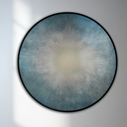 The softest element of this round oil painting home decor features a radiant horizon with a glowing, abstract sunburst and gradations of color, creating a soothing effect.