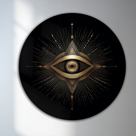 The darkest area emphasizes the contrast in this sacred eye golden geometric round oil painting, a striking piece of oil painting wall art with radiant rays.