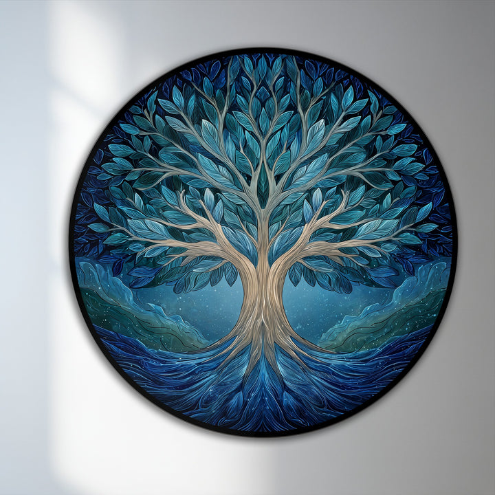 The darkest area accentuates the midnight hues of this Tree of Life round oil painting wall art, revealing a mystical, celestial artwork.