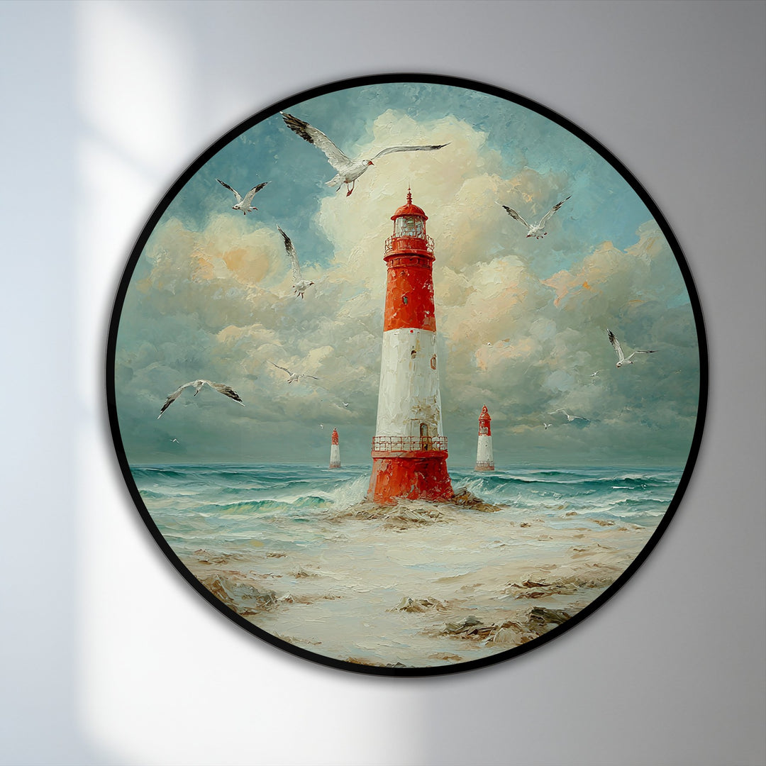 Rich impasto textures and blended brushstrokes highlight the material quality of this modern oil painting art, showcasing a coastal beacon with seagulls and a nautical lighthouse.