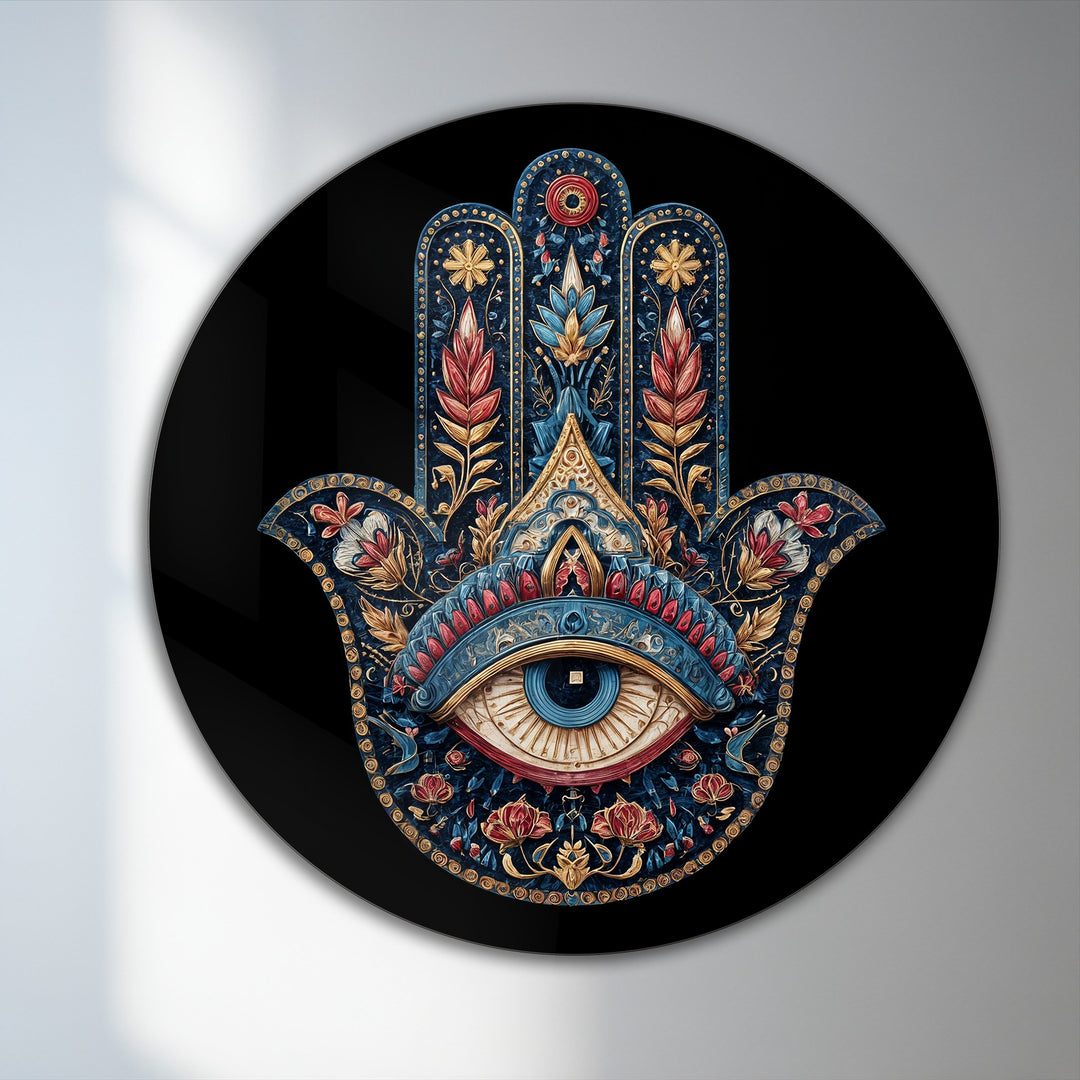 Cool color temperature creates a serene effect in this ornate Hamsa hand with protective eye round oil painting artwork.
