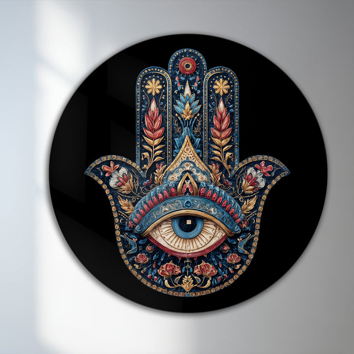 Cool color temperature creates a serene effect in this ornate Hamsa hand with protective eye round oil painting artwork.