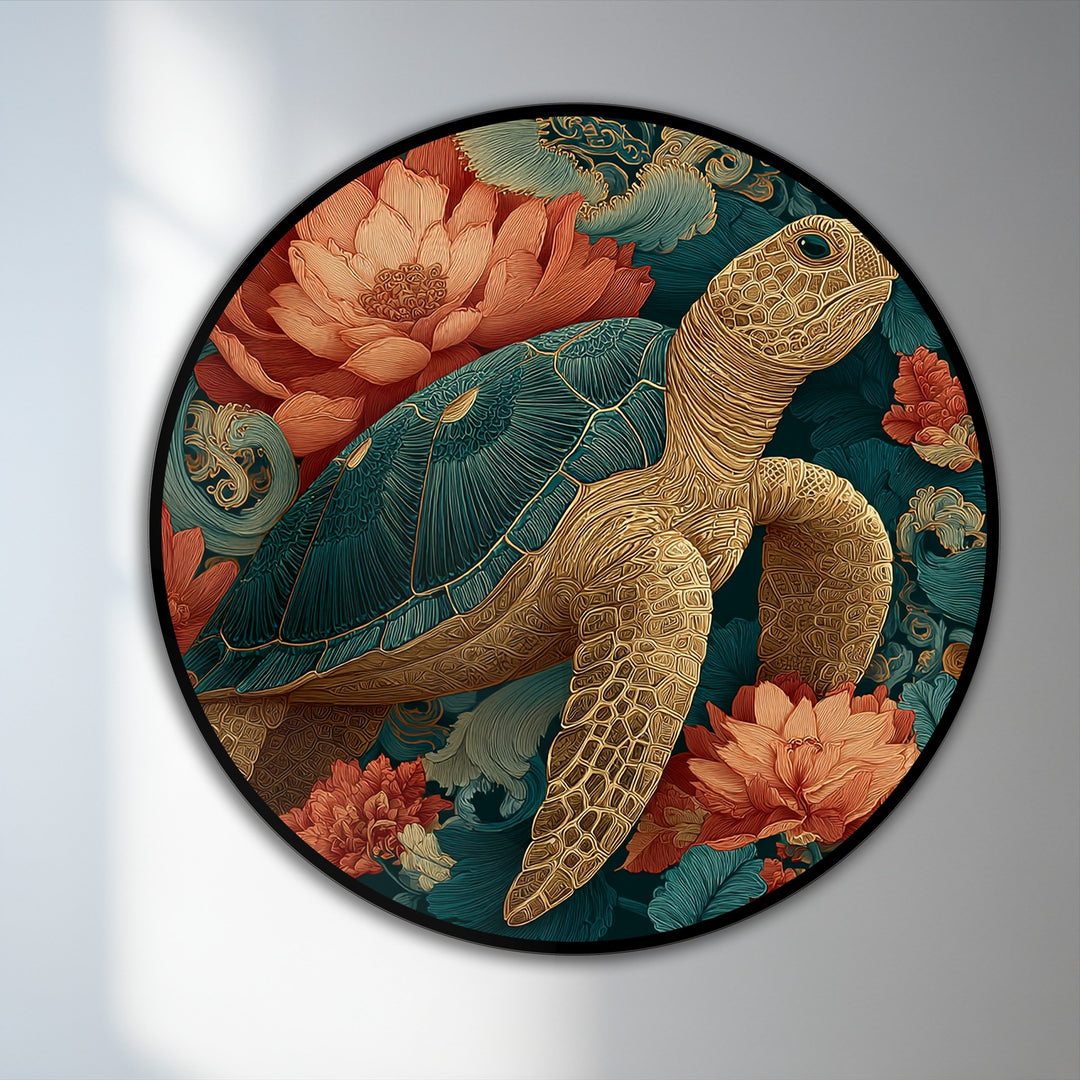 Warm tones dominate this round golden sea turtle oil painting home decor, with peach coral flowers contrasting against the cool teal and dark green background.