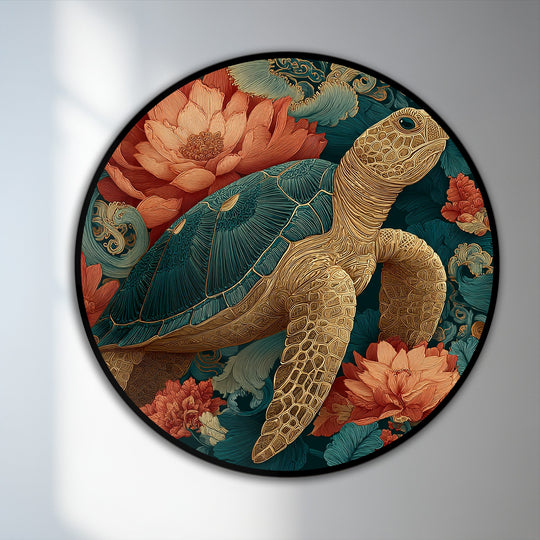 Warm tones dominate this round golden sea turtle oil painting home decor, with peach coral flowers contrasting against the cool teal and dark green background.