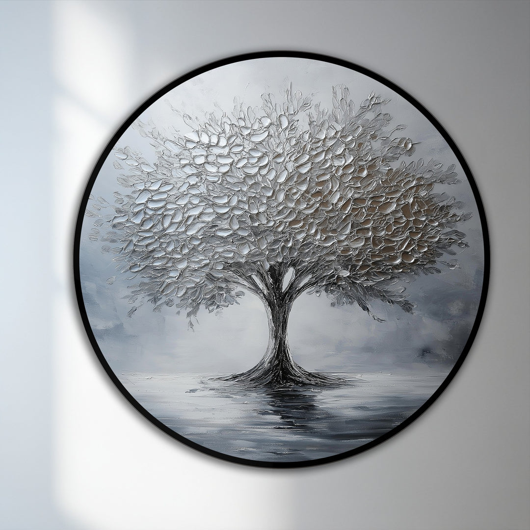 Circular silver serenity oil painting art piece features a spherical composition showcasing geometric patterns in the textured foliage and a contrasting, linear trunk reflection.