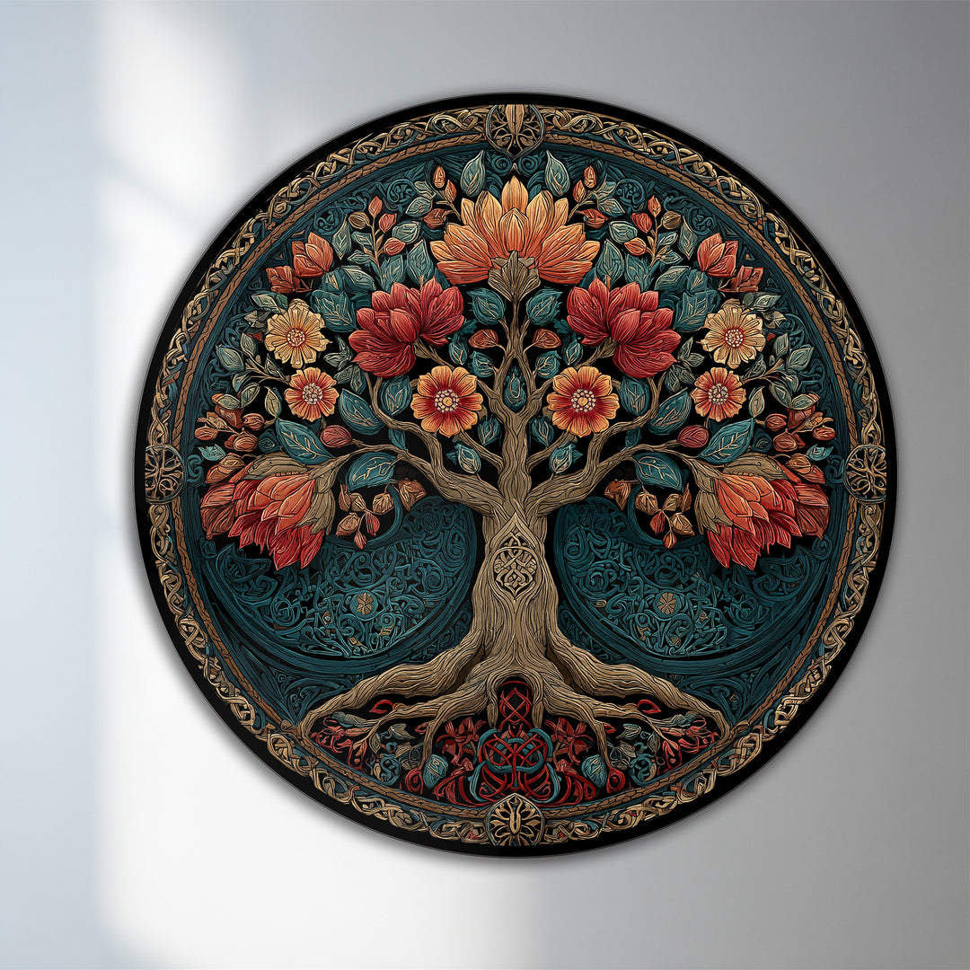 Showcasing the material quality, this round wooden oil painting features an ornate bloom tree, crafted as an impressive oil painting reproduction print on a durable, fine-grained surface.