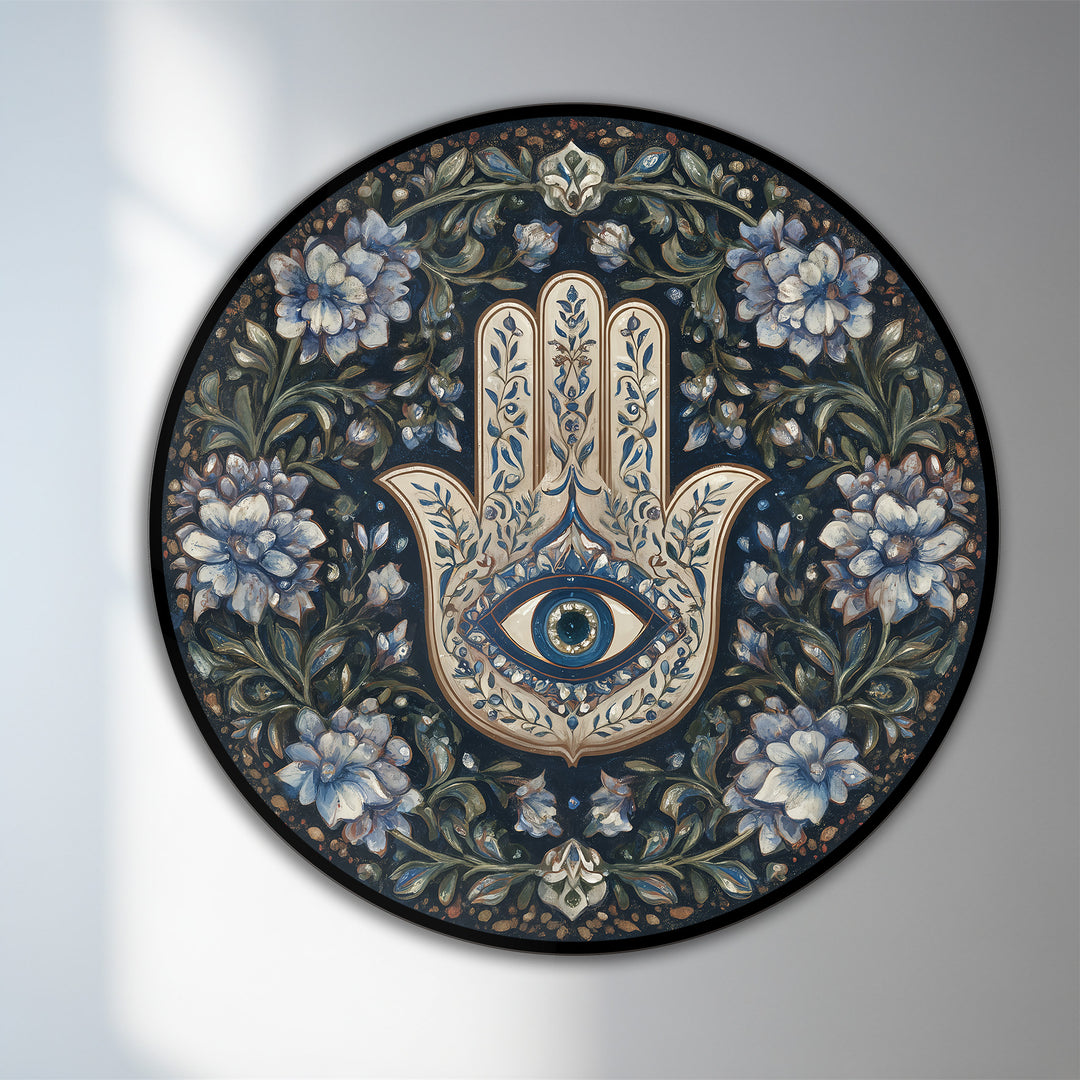 The abstract quality of the Floral Hamsa Protection round oil painting reveals a mesmerizing pattern, blending a spiritual motif with modern oil painting art on wood.