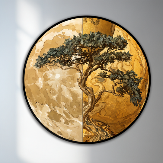 Deep shadows accentuate the intricately twisted trunk and rich gold half of this round, dual-tone oil painting, a piece of modern oil painting art depicting a balanced golden tree.