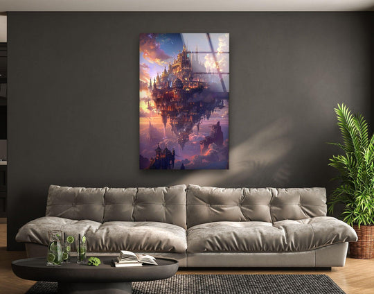 The stillness of the sky city is captured in this hanging wall art featuring a serene cityscape floating amidst pastel clouds.