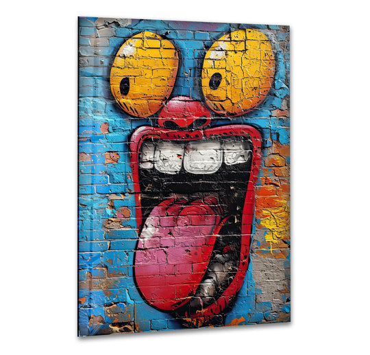 Textured blue brickwork, splattered with orange and yellow graffiti, forms the vibrant background for this unique modern wall decor.