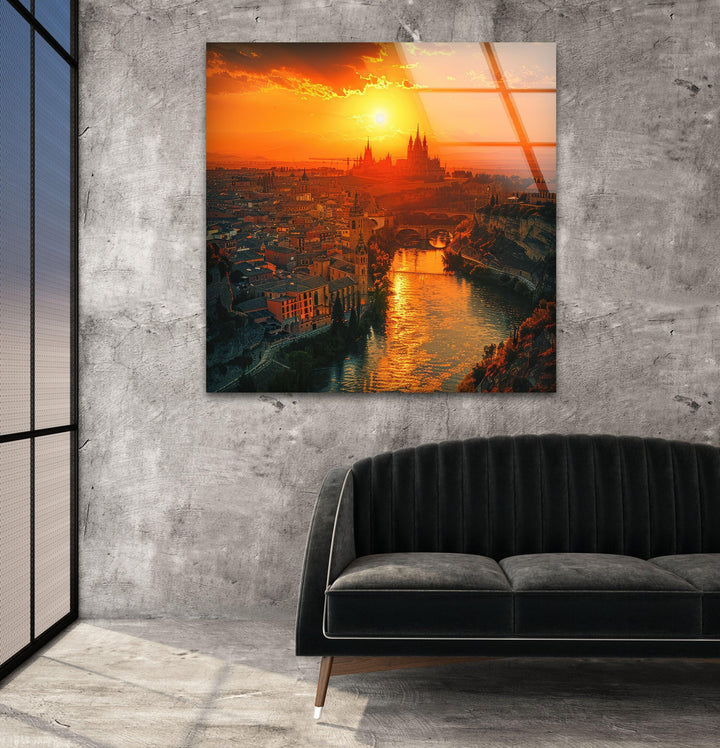 Spain Golden Hour River Glass Wall Art, large glass photo prints, glass wall photos