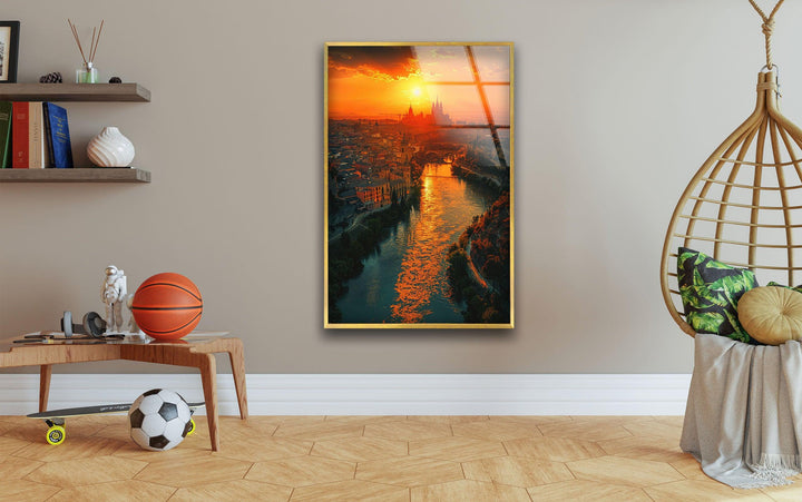 Spain Golden Hour River Glass Wall Art, glass pictures for Wall, glass prints wall art