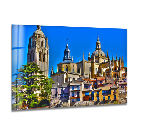 Arrangement of the geometric elements emphasizes the height of the Toledo Cathedral and the angular rooflines in this striking piece of glass wall art decor.