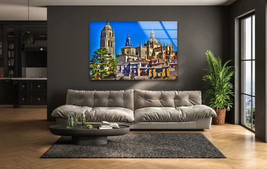 Against a dark gray wall, the Toledo Cathedral glass wall art stands out as unique modern wall decor with its vibrant print of a Spanish landmark.