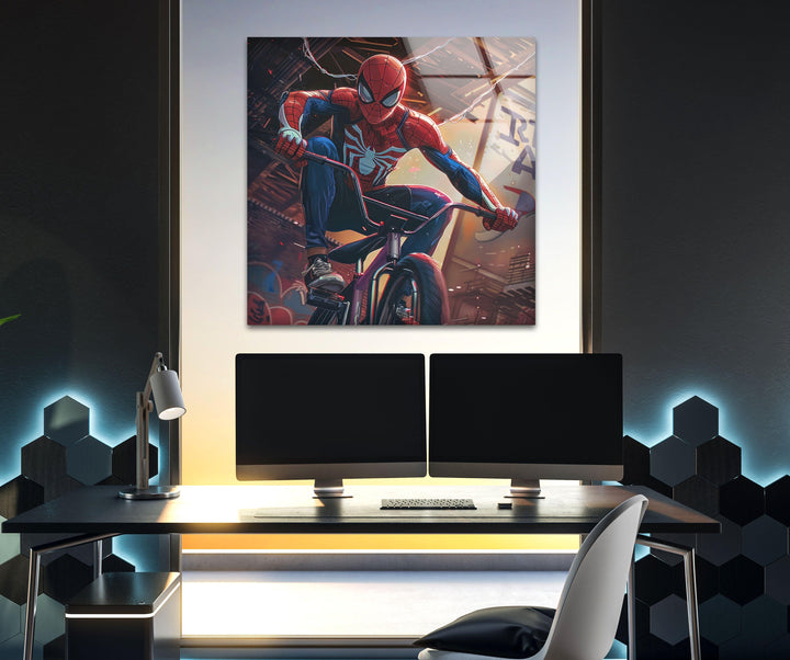 Spider Man with BMX Glass Wall Art Glass Printing Wall Art, Print photos on glass
