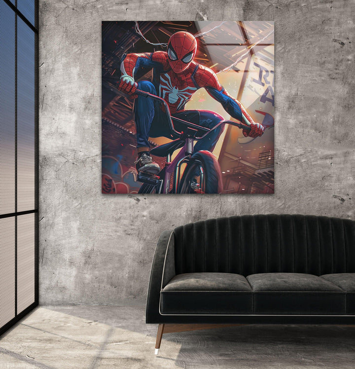 Spider Man with BMX Glass Wall Art glass art painting, glass art for the Wall
