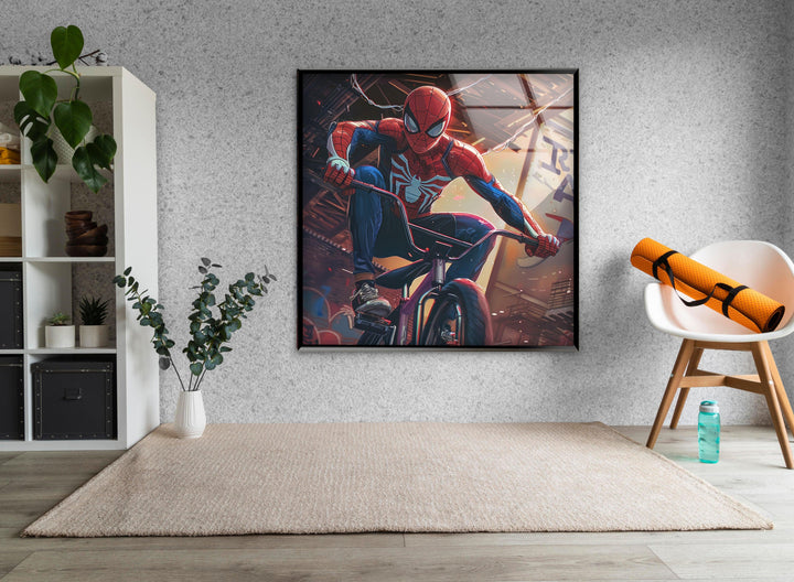 Spider Man with BMX Glass Wall Art custom glass pictures, glass art prints
