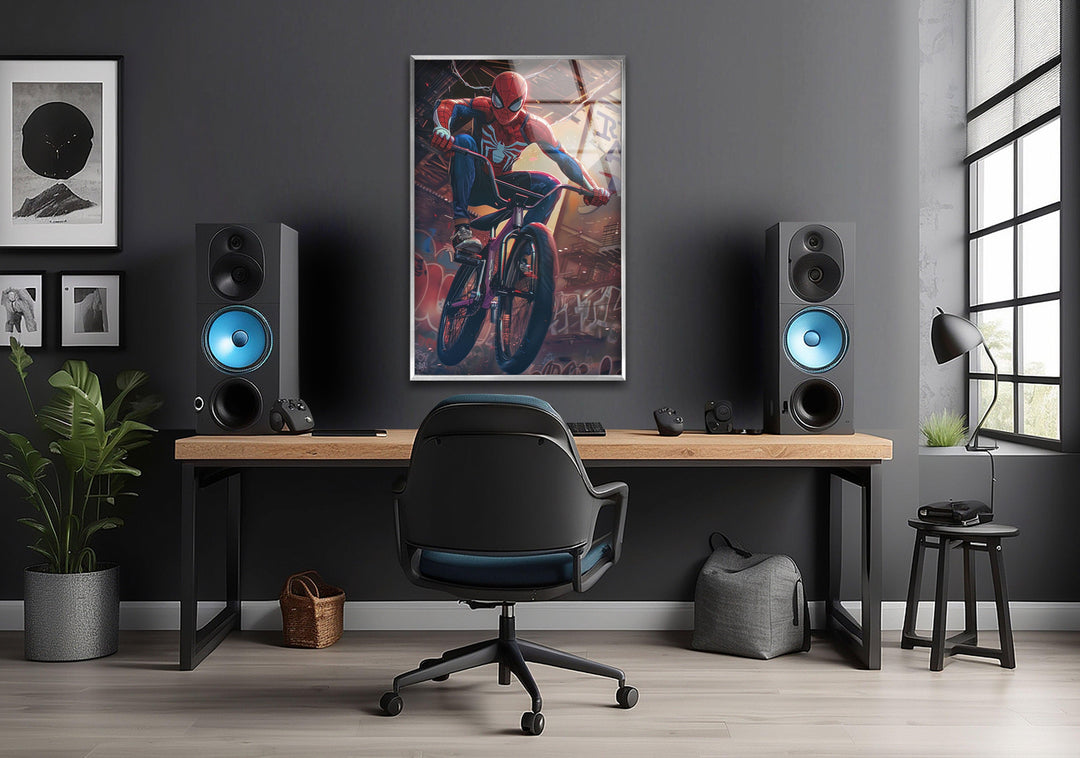 Spider Man with BMX Glass Wall Art art glass wall art, glass wall art pictures
